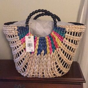 NWT Lucky brand lined straw tote w/beaded handles